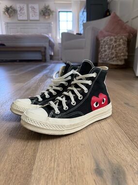Converse Black and White High-Top Sneakers with Red Heart Logo